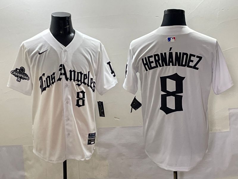 Men 2025 Los Angeles Dodgers #8 Hernandez White Five generations Joint Name Nike MLB Jersey style 5185